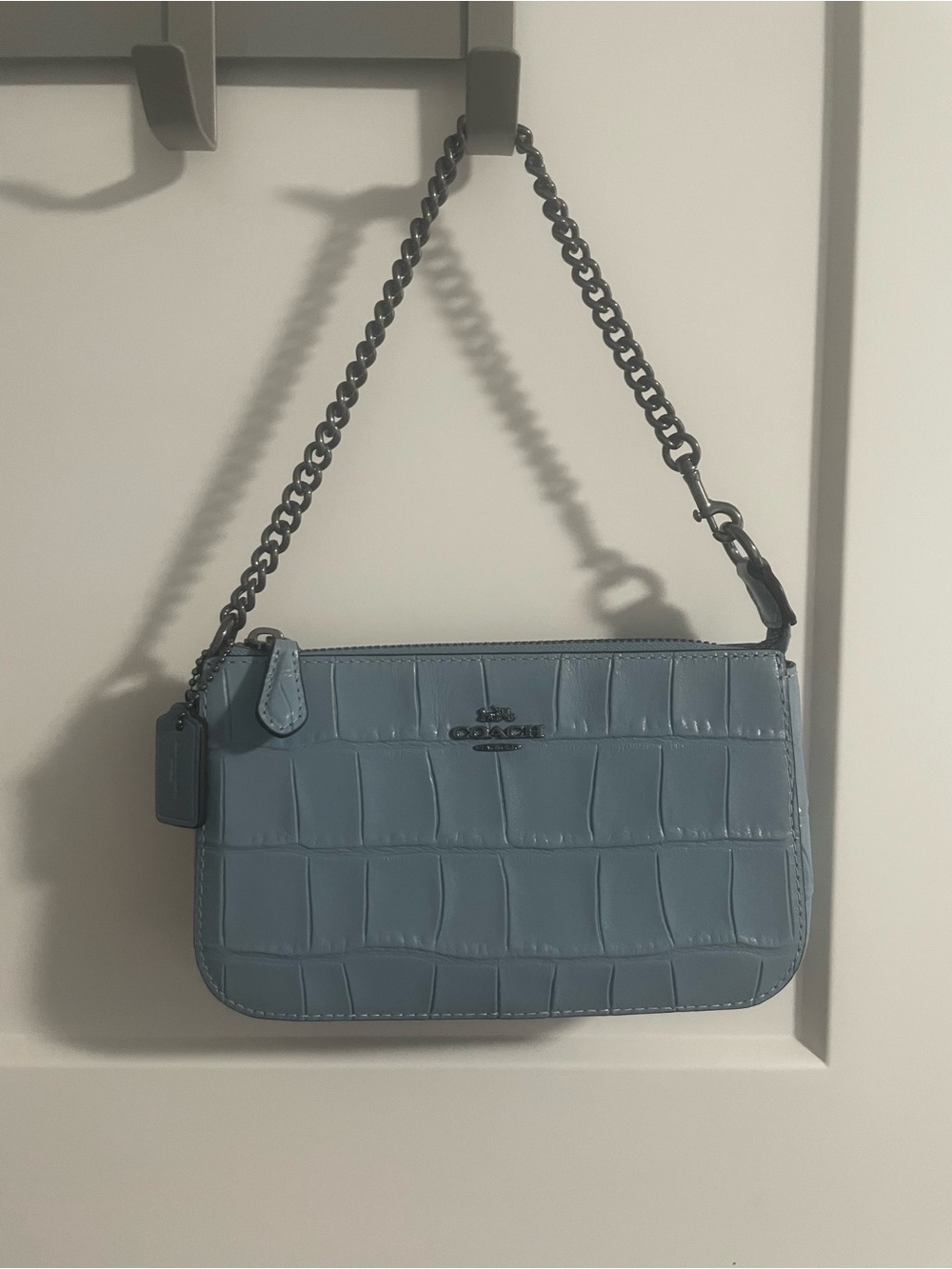 Coach Light Blue Croc-Embossed Shoulder Bag with Chain Strap